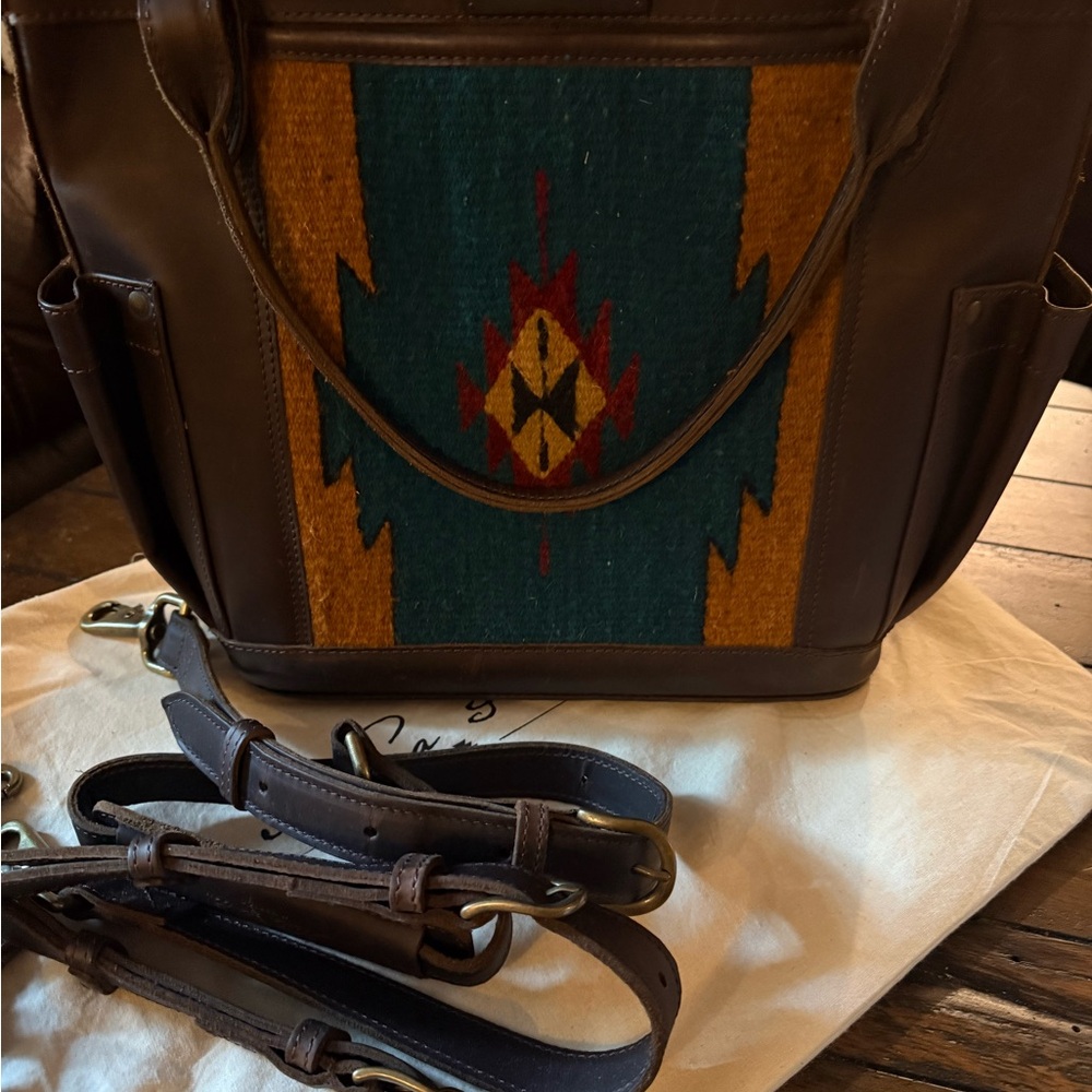 Southwestern Pattern Brown Leather Tote with Teal Accent